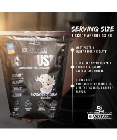 BLACKLABEL Supplements Post Hustle Post Workout Protein Powder 30 Servings NSF Certified for Sport Whey Isolate Protein Powder with Digestive Enzymes Cookies & Cream - Buy Online on GoSupps.com