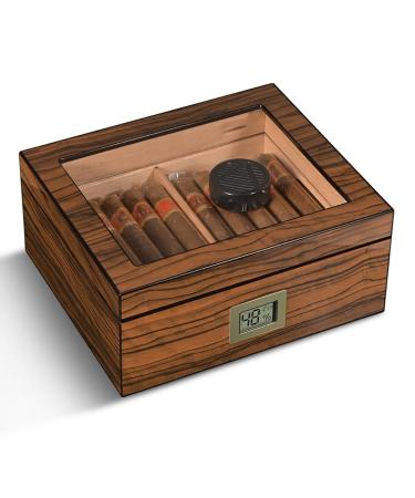 Cigar Humidor with Humidifier and Hygrometer Double Layer Glass Top Cigar Box Hold 30-50 Cigars Cedar Wood Case Gift for Men