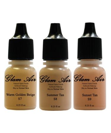 Set of Three (3) Airbrush Makeup Foundations Satin S7 Warm Golden Beige S8 Summer Tan S9 Sunset Tan Water-based Makeup Long Lasting All Day Without Smearing Running Fading or Caking 0.25 Oz Bottle By Glam Air