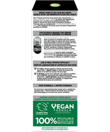 Garnier Charcoal Serum Pore-Purifying Mattified Looking Skin With 4% AHA + Salicylic Acid + Niacinamide Anti-Blemish Suitable for Sensitive or Acne Prone Skin Vegan Formula SkinActive 30ml - Buy Online on GoSupps.com