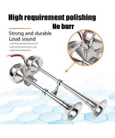 12V Marine Boat Trumpet Horns - Polished Stainless Steel, Low and High Tone, Adjustable Support - Dual Trumpet Set - Buy Online on GoSupps.com