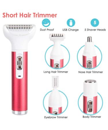 Nasjac 5 in 1 Electric Razor for Women - Bikini Trimmer, Eyebrows, Nose, Public Hair, Facial, Legs, Armpits - Painless Removal - Cordless Rechargeable - Red - Buy Online on GoSupps.com