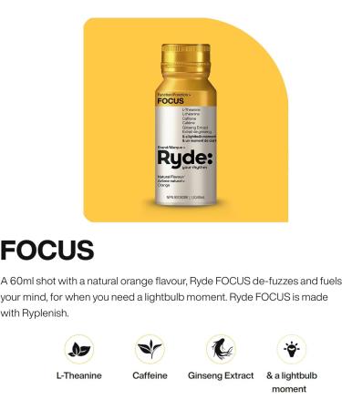 Ryde Focus Shot | Orange Flavor | 8 pack of 60 ml shots | Ginseng & L-Theanine | Caffeine | Zero Calories Zero Sugar and Vegan Focus Shot (Orange Flavor) - Buy Online on GoSupps.com