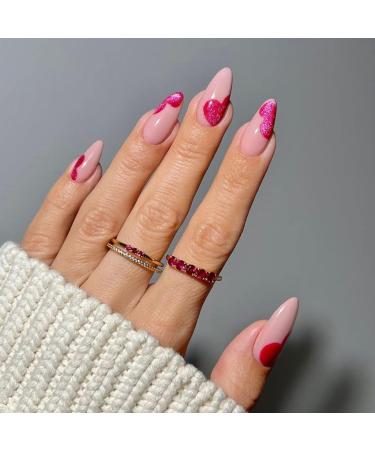 Pink pink on nails almond medium camelia acrylic press on nails heart pattern complete cover fake nails youth years with nail glue sticking nails for manicure cute style