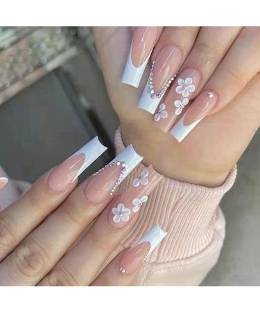 24Pcs Press on Nails Long  Flower Fake Nails White French Press on Nails Flalse Nails with Design Nude Pink and White Acrylic Nails Press on Stick on Nails for Women and Girls Style-D