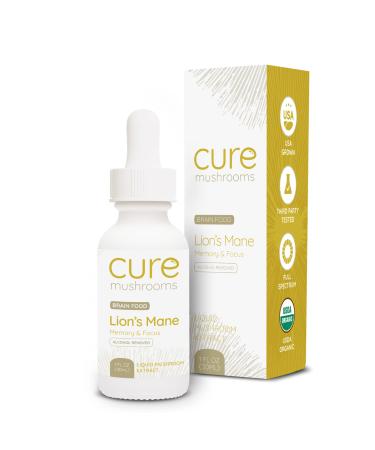CURE MUSHROOMS Organic Lions Mane Extract - Supports Brain Function Memory & Focus - All Natural USDA Organic Mushroom Supplement - No Fillers - Vegan - 30 Servings (Alcohol Removed) Lion's Mane - Alcohol Removed