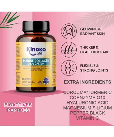 KINOKO LIFE - Hyaluronic Acid Marine Collagen | 180 Capsules Plant Extracts Coenzyme Q10 Vitamin C Magnesium Leucine Turmeric | Collagen and Hyaluronic Acid | Food Supplement - Buy Online on GoSupps.com