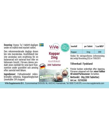 Cuivre 2mg - 200 comprim s - Bisglycinate de cuivre - Dosage lev - Biodisponible - Qualit allemande - ViVe Supplements - Buy Online on GoSupps.com