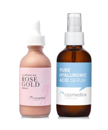 Cosmedica Skincare Illuminating Rose Gold Facial Serum Elixir 2 oz. & Hyaluronic Acid Serum 4 oz. Bundle Hydrating Nourishing and Enhancing Skincare for a Dewy Radiant and Complexion