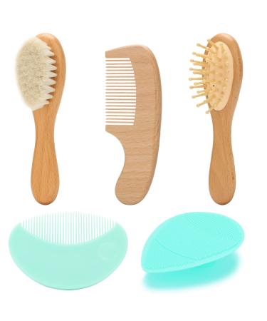 Goat Baby Hair Brush Set  Wooden Comb Massage Scalp Comb  Safe Natural Hair Care Kit  Soft Silicone Bath Brush for Newborns Toddlers (Brush Set+ Green Massager)