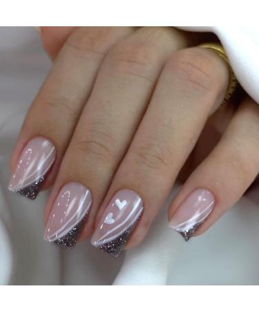 24 pieces Valentine's Day Nails to stick on the corner of the angular french pink shiny press on nails love heart & lines fingernails to stick out acrylic full cover artificial nails for women