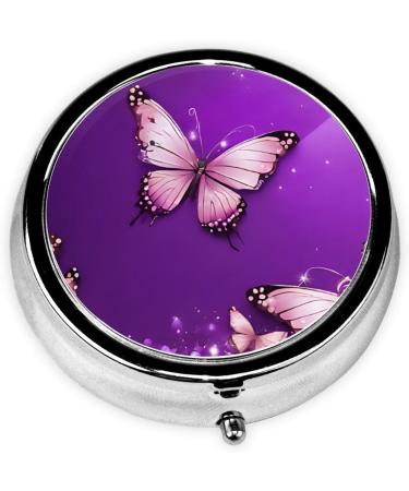 Purple Butterflies Mini Round Pill Box | 3-Compartment Travel Pill Organizer | Portable Medicine Case for Home & Office - Buy Online on GoSupps.com