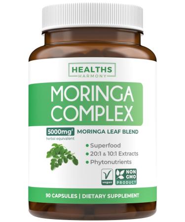 Moringa Capsules (3 Month Supply) High Strength 5 000mg Equivalent - Advanced Blend of Whole Herb Powder With 20:1 Seed and 10:1 Leaf Extract - Non-GMO Vegetarian Supplement - 90 Caps (No Oil or Tea) 90 Count (Pack of 1)