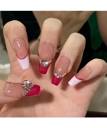 JUSTOTRY 24 Pcs Hot Pink Diamante French Press on Fake Nails - Beautiful Ballerina Stick on Nails for Women - Acrylic Coffin False Nails with Glue for Nail Art - Buy Online on GoSupps.com