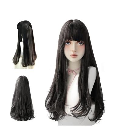 HUAISU Long Black Wig With Bangs Natural Hair Wig for Women Cosplay Wig (Black  25inch)