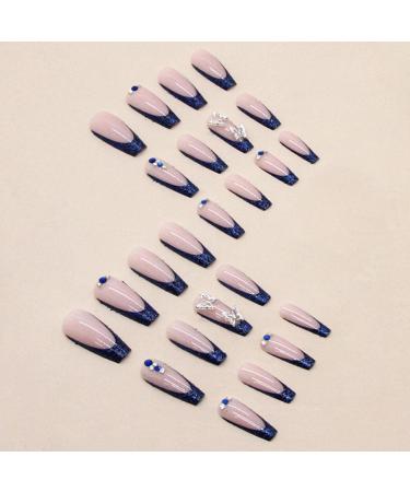 Kamize Medium Coffin Press on Nails with Butterfly Rhinestones - 24PCS Blue False Nails for Women and Girls - Buy Online on GoSupps.com