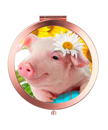 pzicase Compact Mirror Round Rose Gold Makeup Mirror Folding Mini Pocket Mirror Portable Hand Mirror Double Sided with 2 x 1x Magnification for Woman Mother Kids Great Gift (Flower Pig)