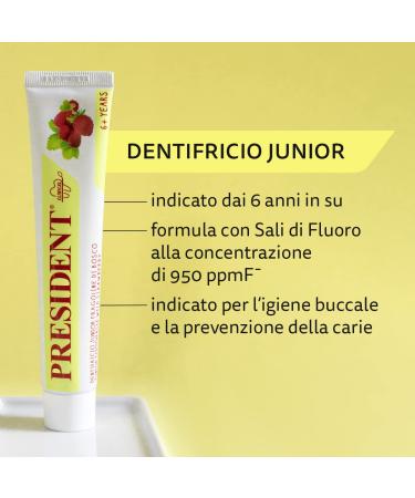 President Toothpaste Junior 6+ - Strawberry Flavor Anti-Cavity Protection Safe for Kids | No Parabens SLS Allergens | 30-50 ml - Buy Online on GoSupps.com