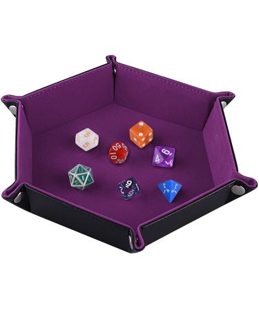 SIQUK Double Sided Dice Tray, Folding Hexagon PU Leather and Velvet Dice Holder for Dungeons and Dragons RPG Dice Gaming D&D and Other Table Games, Dark Violet