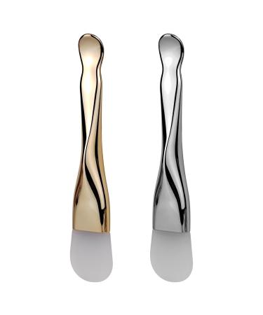 Silicone Face Mask Applicator 2 Packs Dual End Exfoliating Silicone Face Scrubber Soft Makeup Beauty Brush Tools for Clay Cream Gel and Mud Facial Masks (Gold&Silver)
