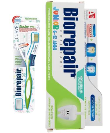 VittleItaly Biorepair Set Oral Care Junior 7-14 Years Toothbrush Curve Medium Soft Random Color  Toothpaste 2.53fl.oz 75ml