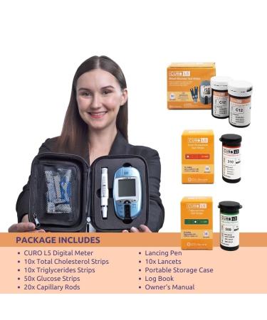 CURO L5 Digital Cholesterol Test Kit - 10 Total Cholesterol & Triglycerides Strips + 50 Glucose Strips - Buy Online on GoSupps.com
