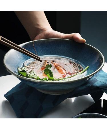 Bowl Japanese Style Ceramic Soup Bowl Personality Blue Ramen Bowl Creative Fruit Salad Bowl Large Mouth Shallow Bowl Gradient Tableware Kitchenware