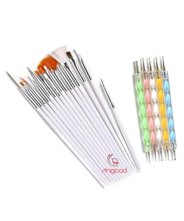 Nail Art Brush Set 20 Pieces Manicure Pedicure Kit Acrylic Pink White Handle Pen Designing Dotting Painting Tool (White)