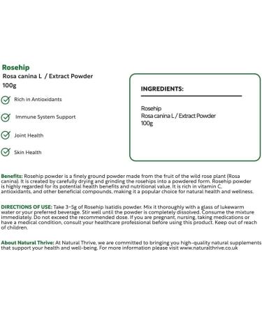 Natural Thrive Rosehip extract powder rich in vitamin C and antioxidants GMO vegan 100 g - Buy Online on GoSupps.com