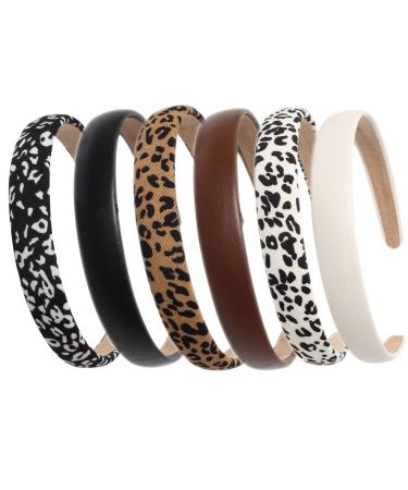 Leopard Print Headbands for Women Girls 2cm Wide Headband PU Solid Hairband Hair Hoops Hair Accessories 6 pack (Leopard)