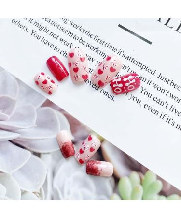 SINLOV Christmas Love Heart Fake Nails Long Sequin French Square False Nails Glossy Press on Nails Ballerina Acrylic Full Cover Fake Nail for Women and Girls - Buy Online on GoSupps.com