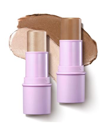 LUXAZA 2Pcs Contour Stick Makeup Set  Highlighter & Bronzer Pen Buildable Formula  Illuminator Highlighting Makeup For Face Brightens & Shades Pencil Non-greasy Long Lasting Shades Pencil 01 01 Champagne Pink Highlight...