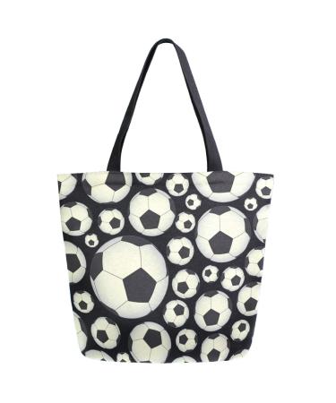ZzWwR Cute Soccer and Football Balls Pattern Large Canvas Gym Beach Travel Reusable Grocery Shopping Tote Bag Foldable Handbag,Black White Multi001