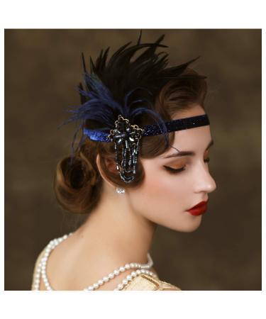 SWEETV Feather Flapper Headpiece Navy  Rhinestone Feather 1920s Headband  the Great Gatsby Hair Accessories Navy Band