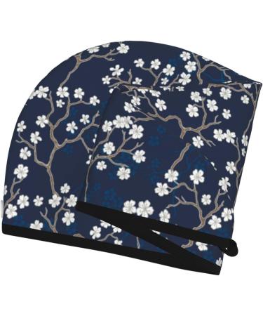 Hair Towel Wrap - Quick Drying Hair Turban with Button - Cherry Blossoms on Navy Background - Buy Online on GoSupps.com