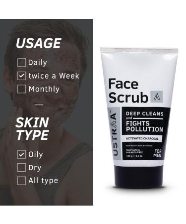 Ustraa Face Scrub for Men - Exfoliating & Detoxifying - 100g with Activated Charcoal Volcanic Sand & Walnut Granules - Fights Blackheads - All Skin Types - Buy Online on GoSupps.com