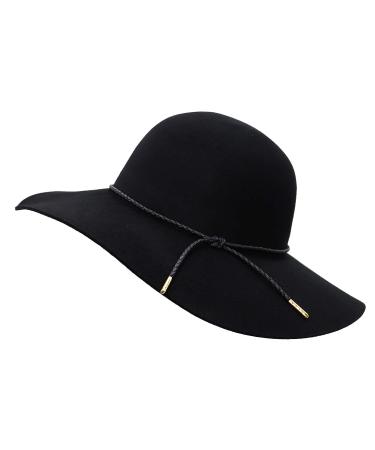 Bienvenu Women's Wide Brim Wool Ribbon Band Floppy Hat Braided Band_black