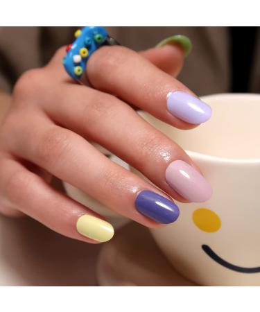 JUSTOTRY 24 Pcs Glossy Solid Oval Short False Nails Coloured French Press on Nails Pattern Round Fake Nails Short with Nail Glue Almond Medium Stick on Nails for Women Nails Fake Nail for Nails Art colourful&solid3