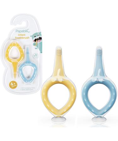 Papablic Infant Training Toothbrush with Suction Base Soft Silicone Baby Toothbrush for Age 4 Months and up Yellow & Blue 2 Pack BPA Free