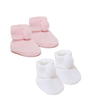 Royal Icon Newborn Baby Booties 0-3 Months Baby Boys Girls Pom Pom Booties Adorable Warm Soft Stylish Bootees Ideal for Indoor and Outdoor Use RI408 3 Months White Pink Ri408