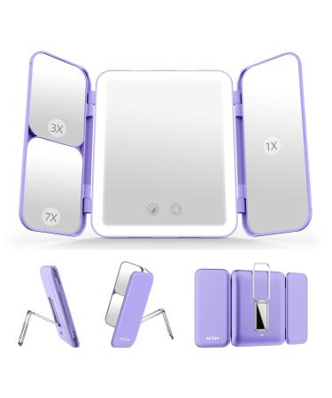 Sejoy Travel Makeup Vanity Mirror  64 LED Lighted Makeup Mirror with 1X 3X 7X Magnification  Tri-Fold Portable Magnifying Mirror with Touch Sensor 3 Color Modes Dimmable Light  Rechargeable  Purple - Buy Online on GoSupps.com
