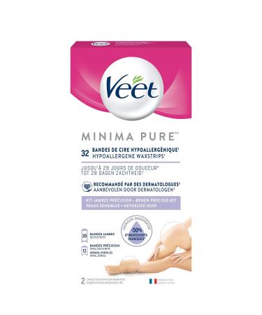 VEET PURE 32 Strips of Cold Wax Kit Precision Leg Knee & Ankle Sensitive Skin Recommended by Dermatologists Long-Las