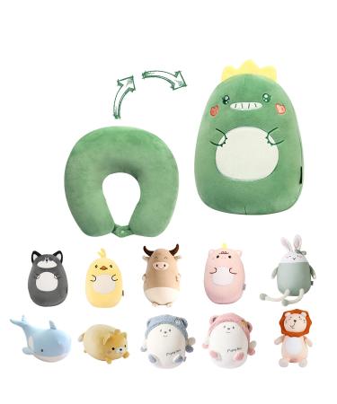 JOYRAVO Kids Travel Pillow - 2-in-1 Deformable Neck Pillow Soft U-Shaped Pillow with Cute Plush Animals Comfy Sleep and Play Companion for Airplanes Cars and Travel - Dinosaur Green Dinosaur