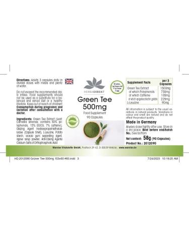 Premium Green Tea Extract 500mg - 90 Vegan Capsules | 50% Polyphenols - High EGCG | Herbadirekt by Warnke Vital Substances - German Quality - Buy Online on GoSupps.com
