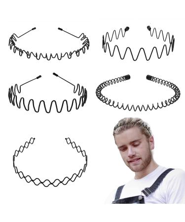 5Pcs Elastic Metal Headbands,Fashion Men's Hair Band Non Slip,Black Wavy Spring Hair Accessories with teeth,Perfect for Sports,Wash Face,Makeup and Daily Collocation,Unisex Hair Hoop 5 Pcs
