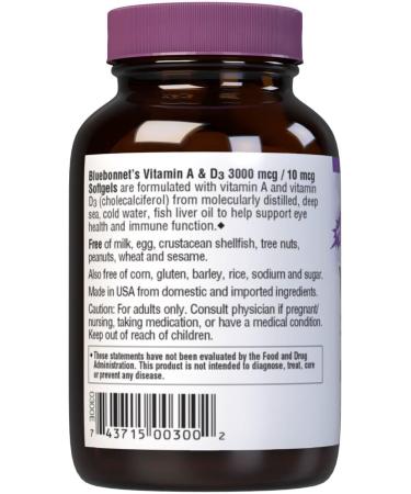 Bluebonnet Nutrition Vitamin A & D3 10 000 IU/400 IU from Deep Sea Cold Water Fish Oil - For Eye Health & Immune Function* - Gluten Free -Dairy Free -Molecularly Distilled -100 Softgel/100 Servings 100 Count (Pack of 1) - Buy Online on GoSupps.com