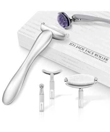 I B N G Jade Face Roller Facial Tools Face Rollers for Women Face Massage Skin Care Beauty Tools with 3 Interchangeable Heads (White+Silver)