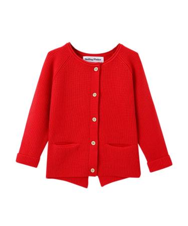 SMILING PINKER Toddler Girls Knit Cardigan Soft Warm Sweaters with Pockets 3-4 Years Red