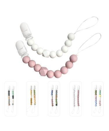 ISEAINNO Silicone Beads Pacifier Clips for Baby Girls & Boys Baby Pacifier Holder Clip Pacifier Strap Pacifier Leash for Baby Shower and Birthday 2 Pack (Pink White)