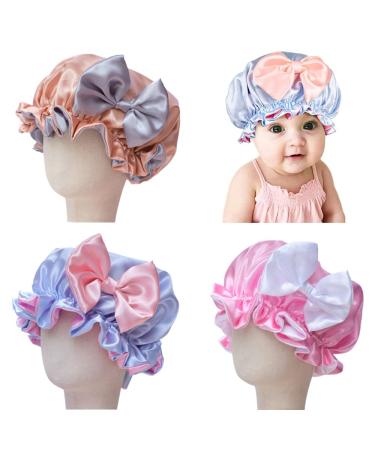 Baby Girl Satin Bonnet  Hair Bow Silk Sleep Hat  Shower Cap  Double Layered Night Hat 3 PCS for Natural Hair Teens Toddler Child (Bonnet A)